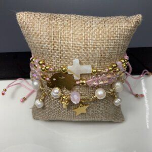 Set of 4 Adjustable Pink Bracelets with Cultured Pearls & Stainless Steel Charms
